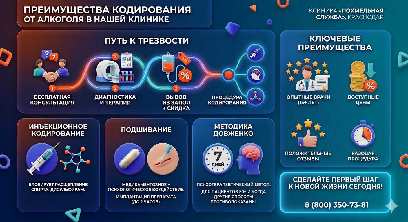 Инфографика о методах кодирования от алкоголя в Березовском: инъекции, подшивание, метод Довженко. Преимущества клиники и этапы лечения.
