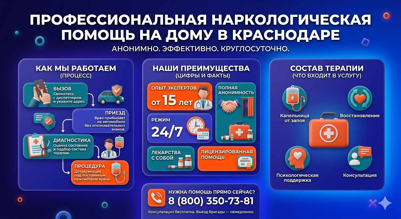Инфографика о принципах лечения алкоголизма на дому в Березовском: этапы вызова нарколога, преимущества анонимной детоксикации и состав медицинской помощи.
